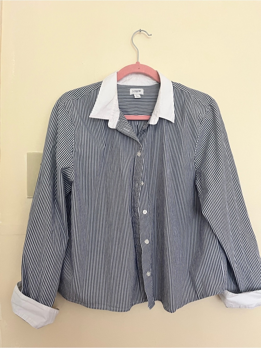 J. Crew Navy and White Pinstripe Shirt with White Collar